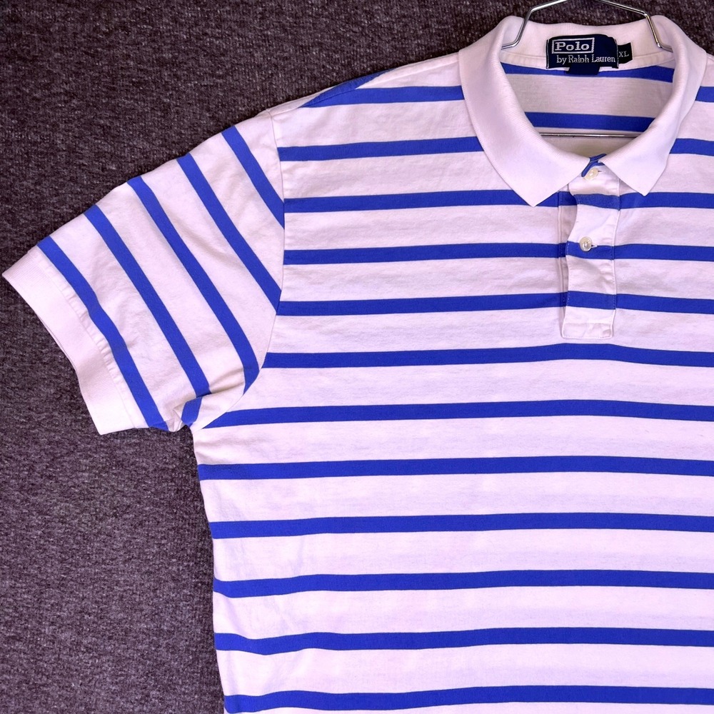 VTG Polo Ralph Lauren Shirt Men XL Striped Short Sleeve Red Pony Logo White Blue - Picture 6 of 16